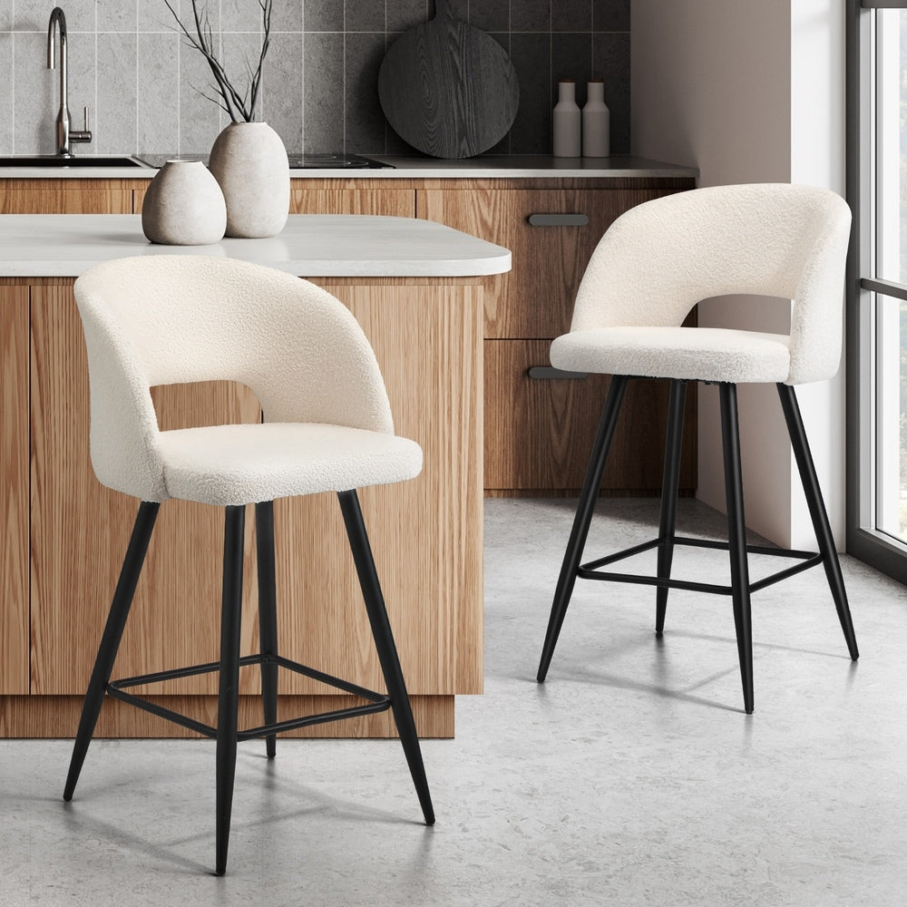 Oikiture 2x Bar Stools Kitchen Dining Chair Boucle White SURA