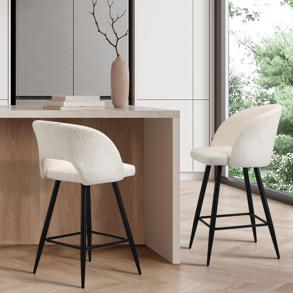 Oikiture 2x Bar Stools Kitchen Dining Chair Boucle White SURA