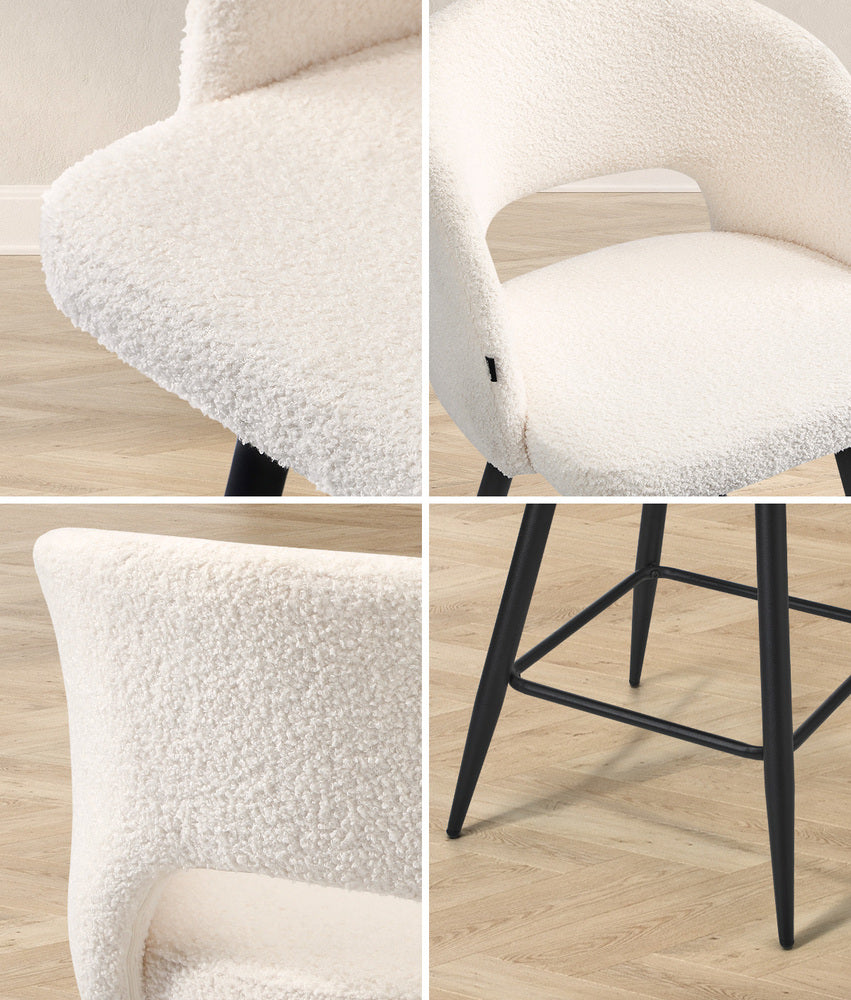 Oikiture 2x Bar Stools Kitchen Dining Chair Boucle White SURA