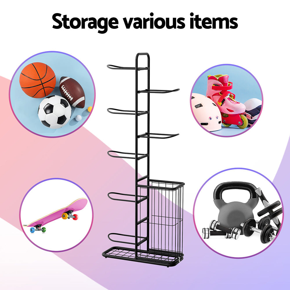 Everfit Ball Storage Rack Sports Equipment Organizer 7-Tier with Basket for Garage Gym Black