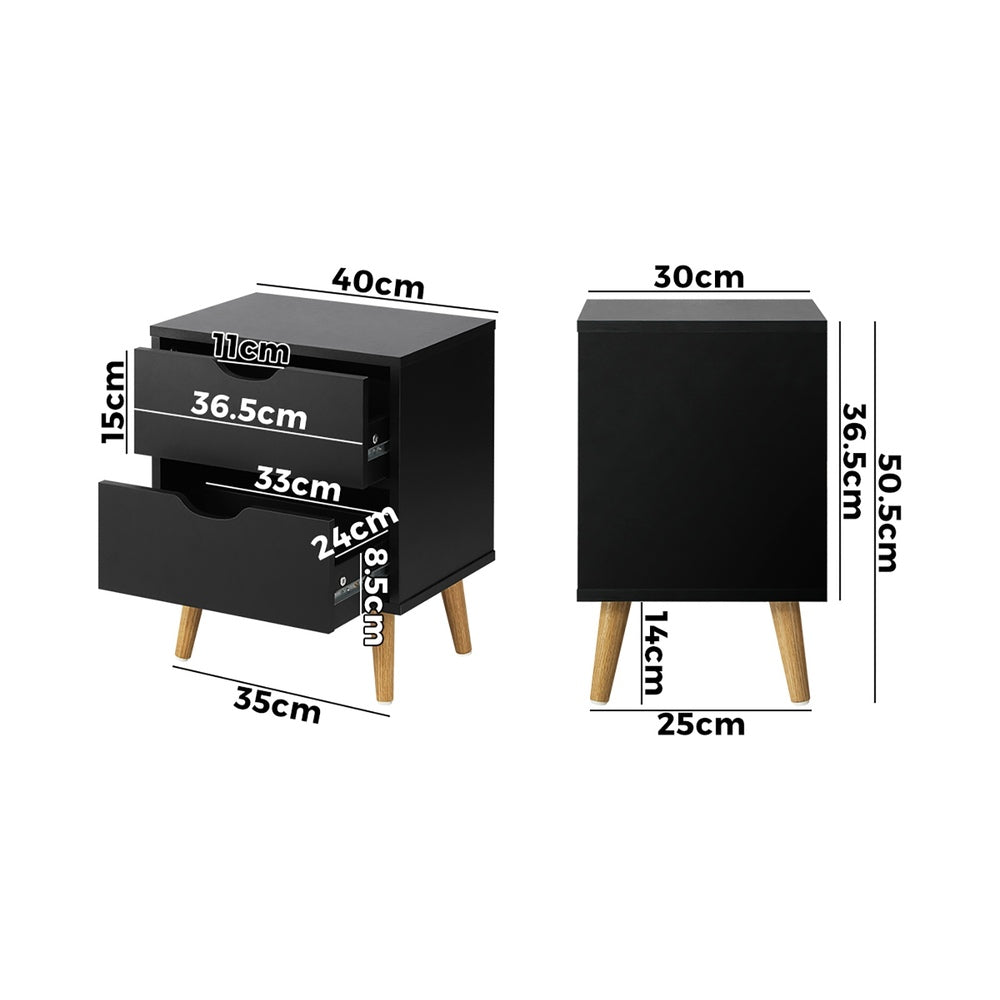 Oikiture Bedside Tables 2 Drawers Air Gap Handle Black