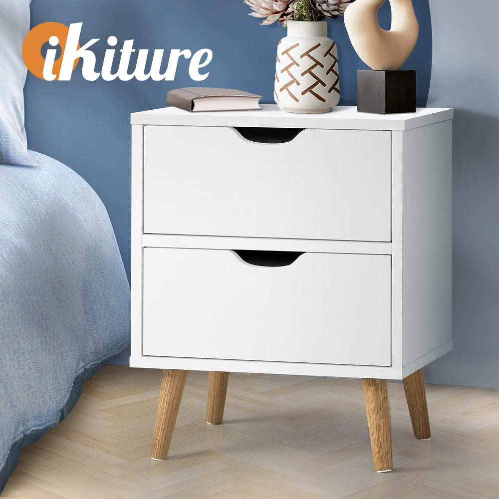 Oikiture Bedside Tables 2 Drawers Air Gap Handle White