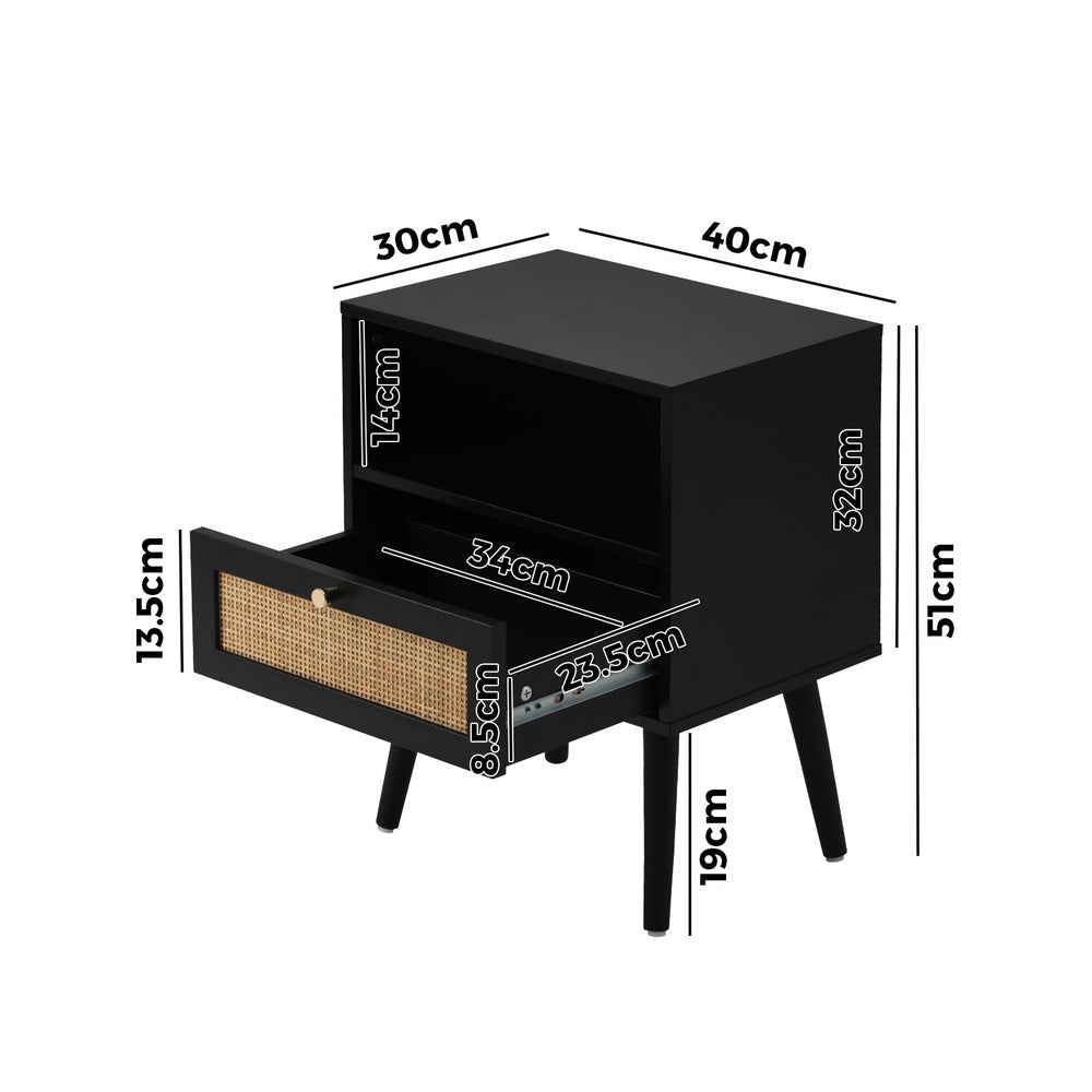 Oikiture Bedside Table Storage Drawer Shelf Rattan Black