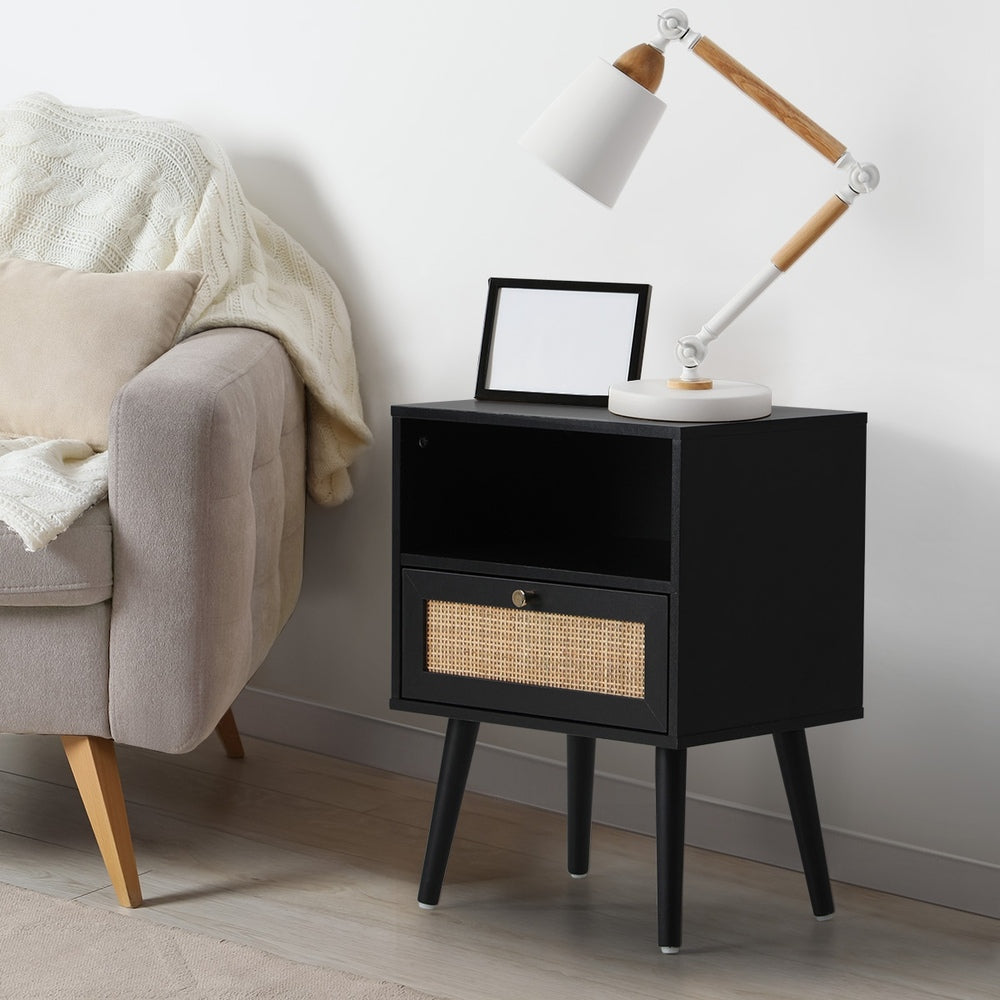 Oikiture Bedside Table Storage Drawer Shelf Rattan Black
