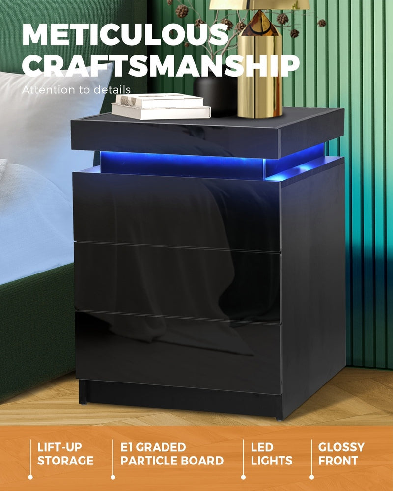 Oikiture Bedside Tables Set of 2 LED Nightstand Black