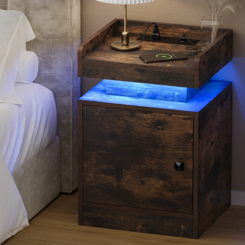 Oikiture LED Bedside Table USB Charging Station Brown