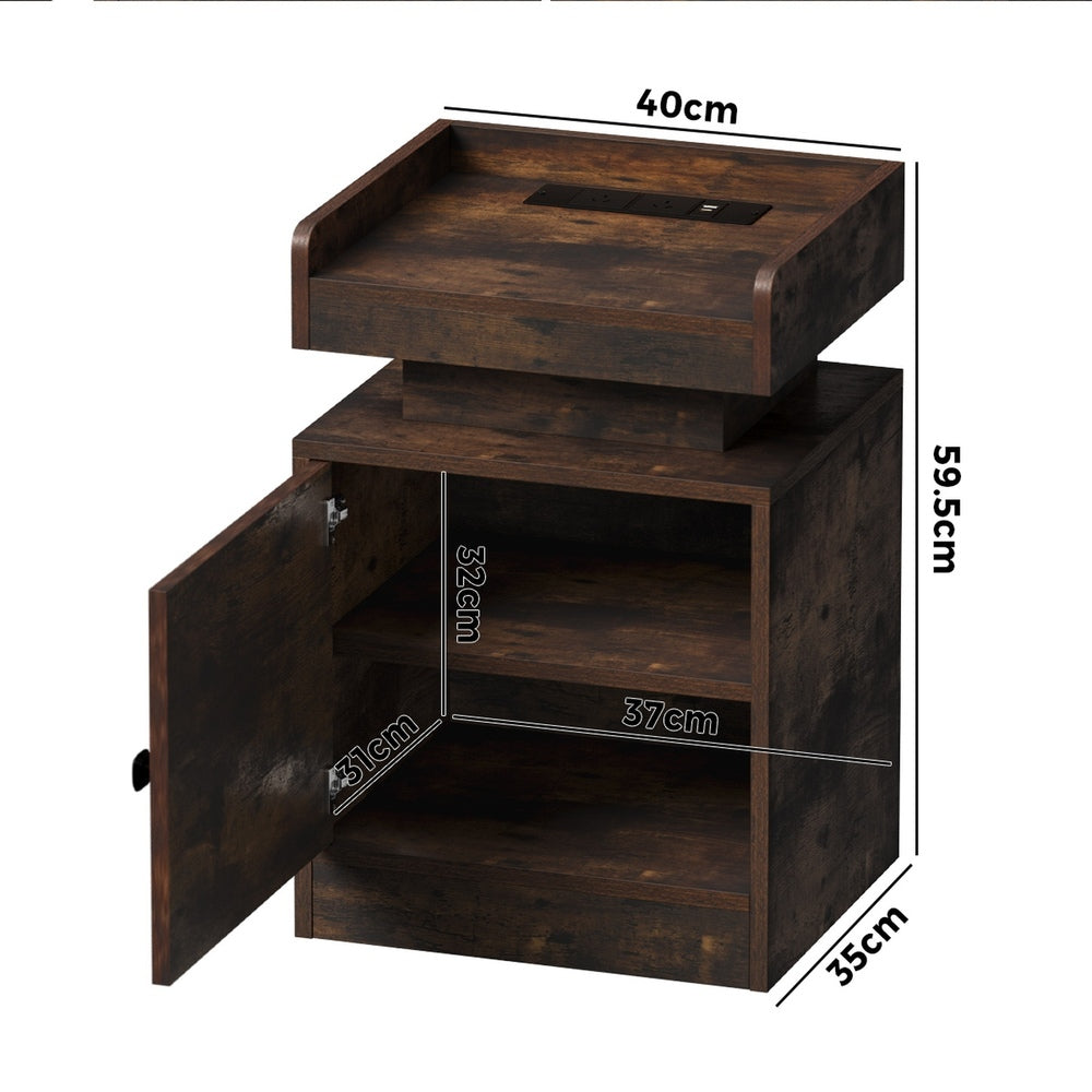 Oikiture LED Bedside Table USB Charging Station Brown