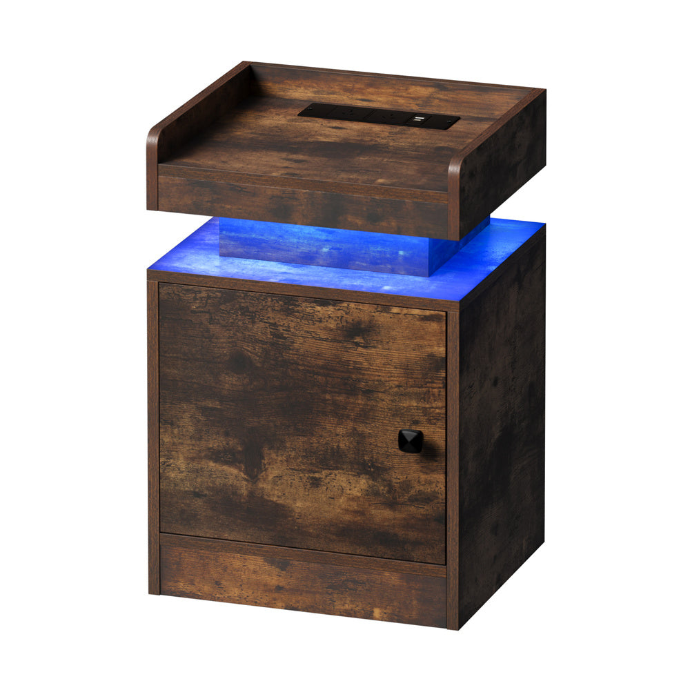 Oikiture LED Bedside Table USB Charging Station Brown