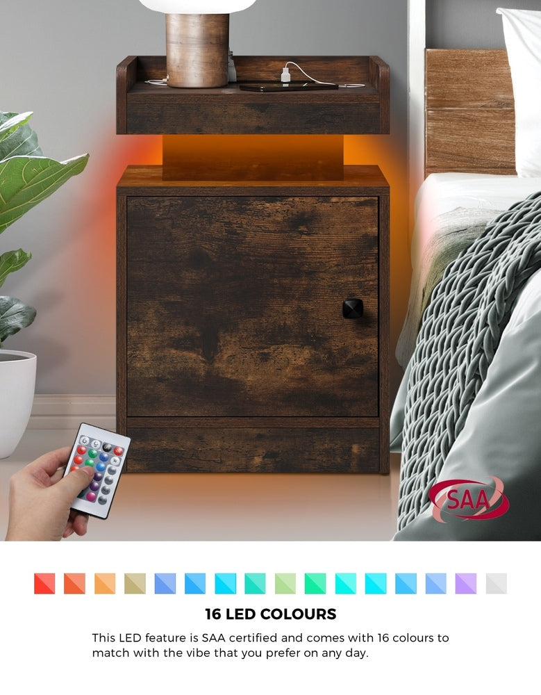 Oikiture LED Bedside Table USB Charging Station Brown