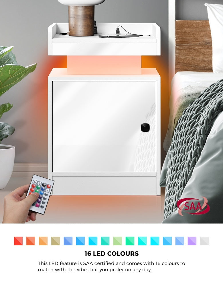 Oikiture 2x LED Bedside Table USB Charging Station White