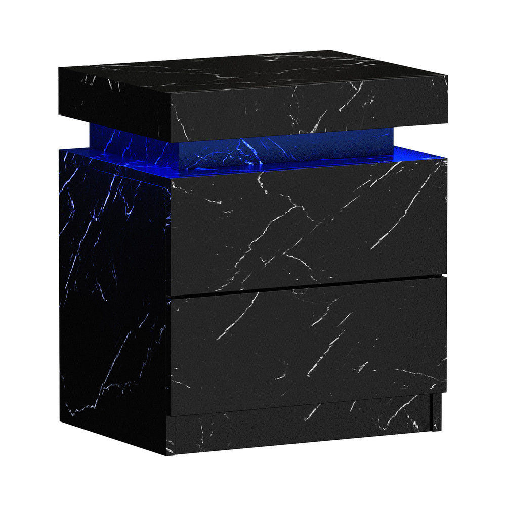 Oikiture Bedside Table 2 Drawers LED Nightstand Marble Effect Black