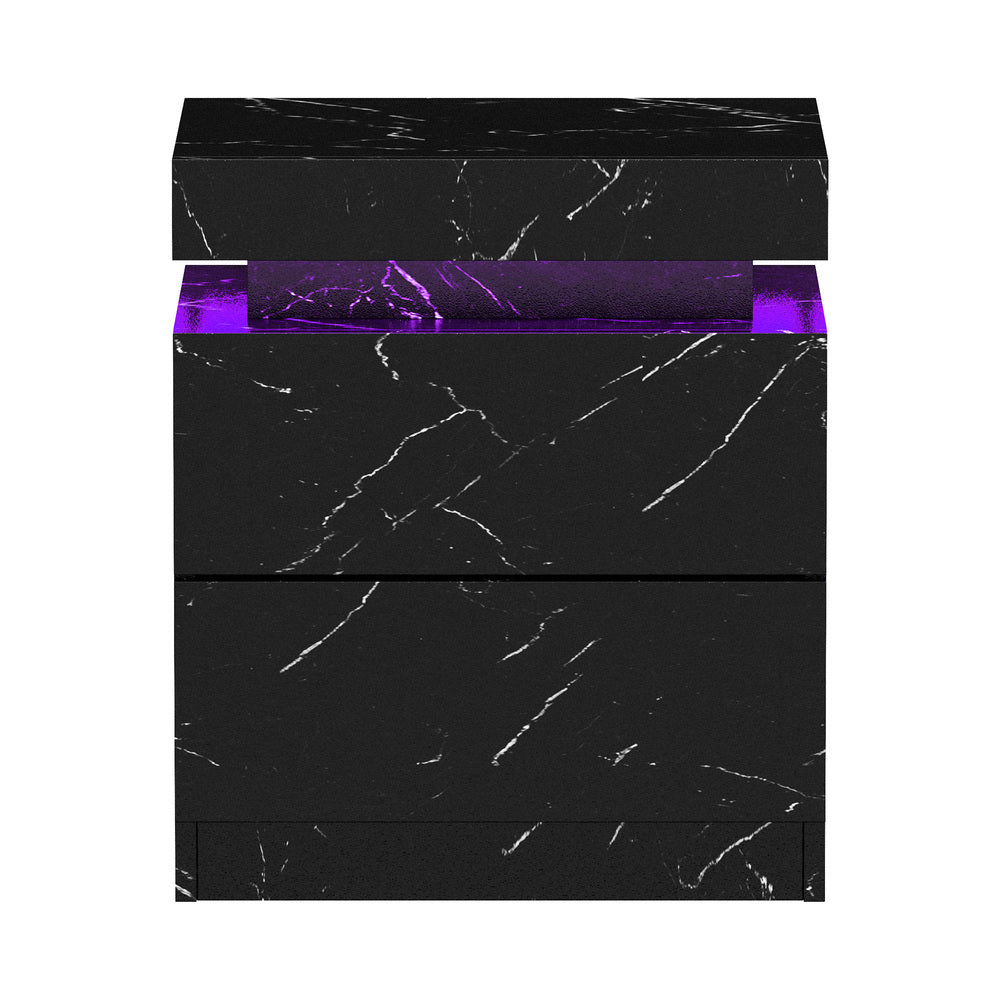 Oikiture 2x Bedside Table 2 Drawers LED Nightstand Marble Effect Black
