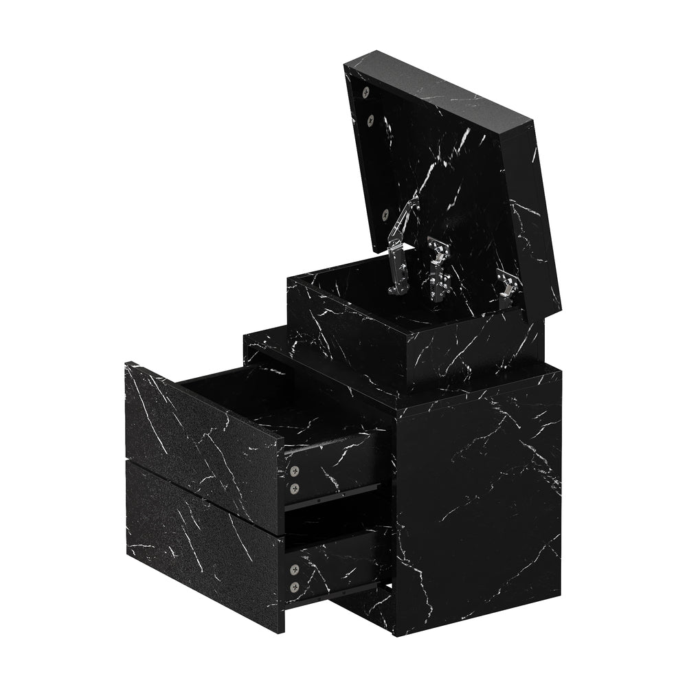 Oikiture 2x Bedside Table 2 Drawers LED Nightstand Marble Effect Black