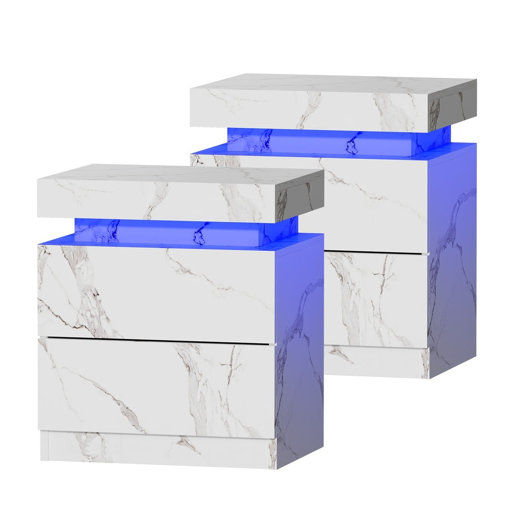 Oikiture 2x Bedside Table 2 Drawers LED Nightstand Marble Effect White