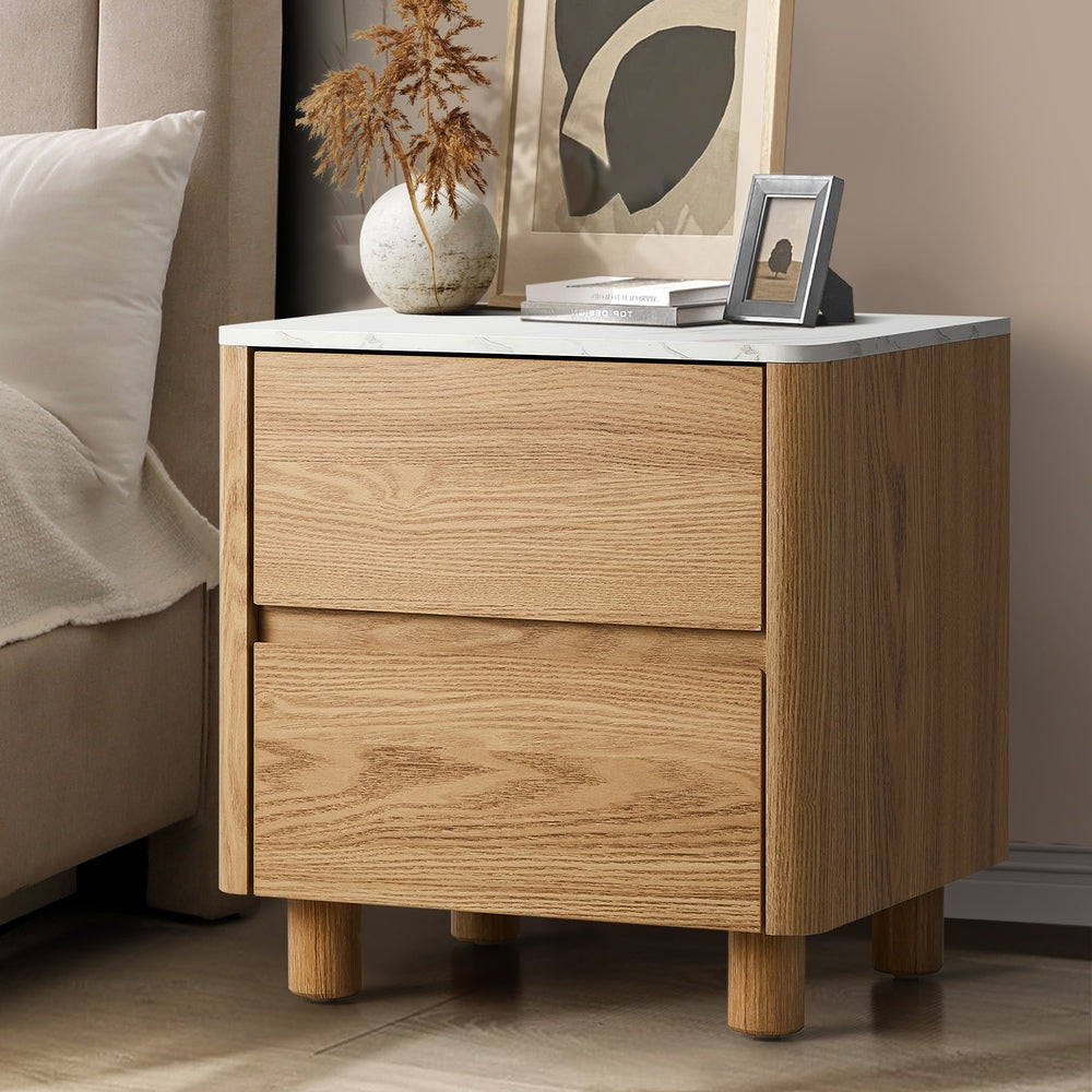 Oikiture Bedside Table 2 Drawers Nightstand Faux Marble Top Natural