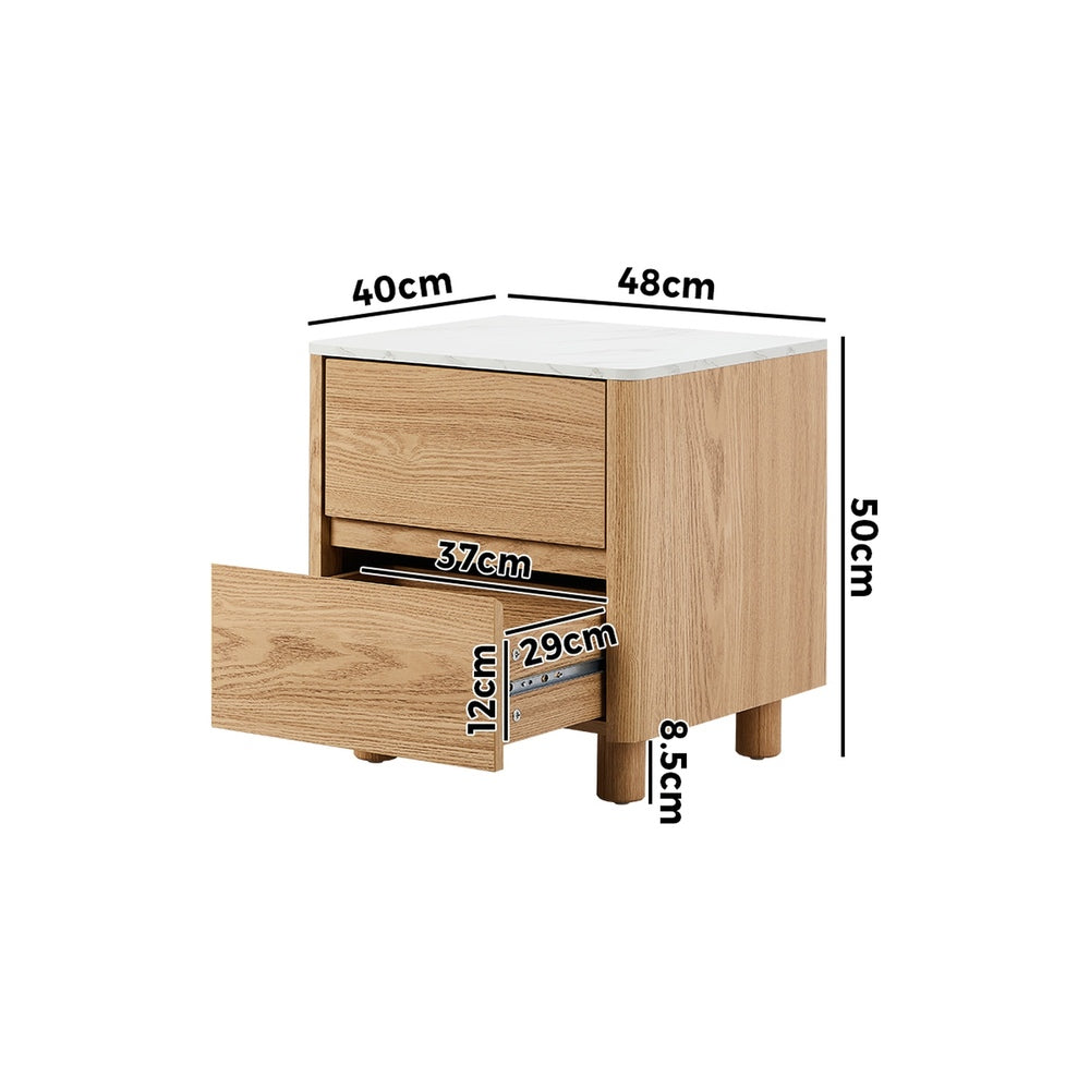 Oikiture Bedside Table 2 Drawers Nightstand Faux Marble Top Natural