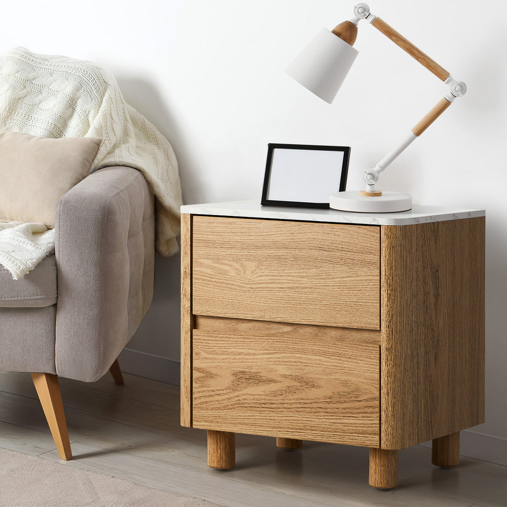 Oikiture Bedside Table 2 Drawers Nightstand Faux Marble Top Natural