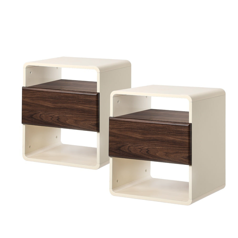 Oikiture 2x Bedside Table With Drawer Open Shelves Retro-Modern