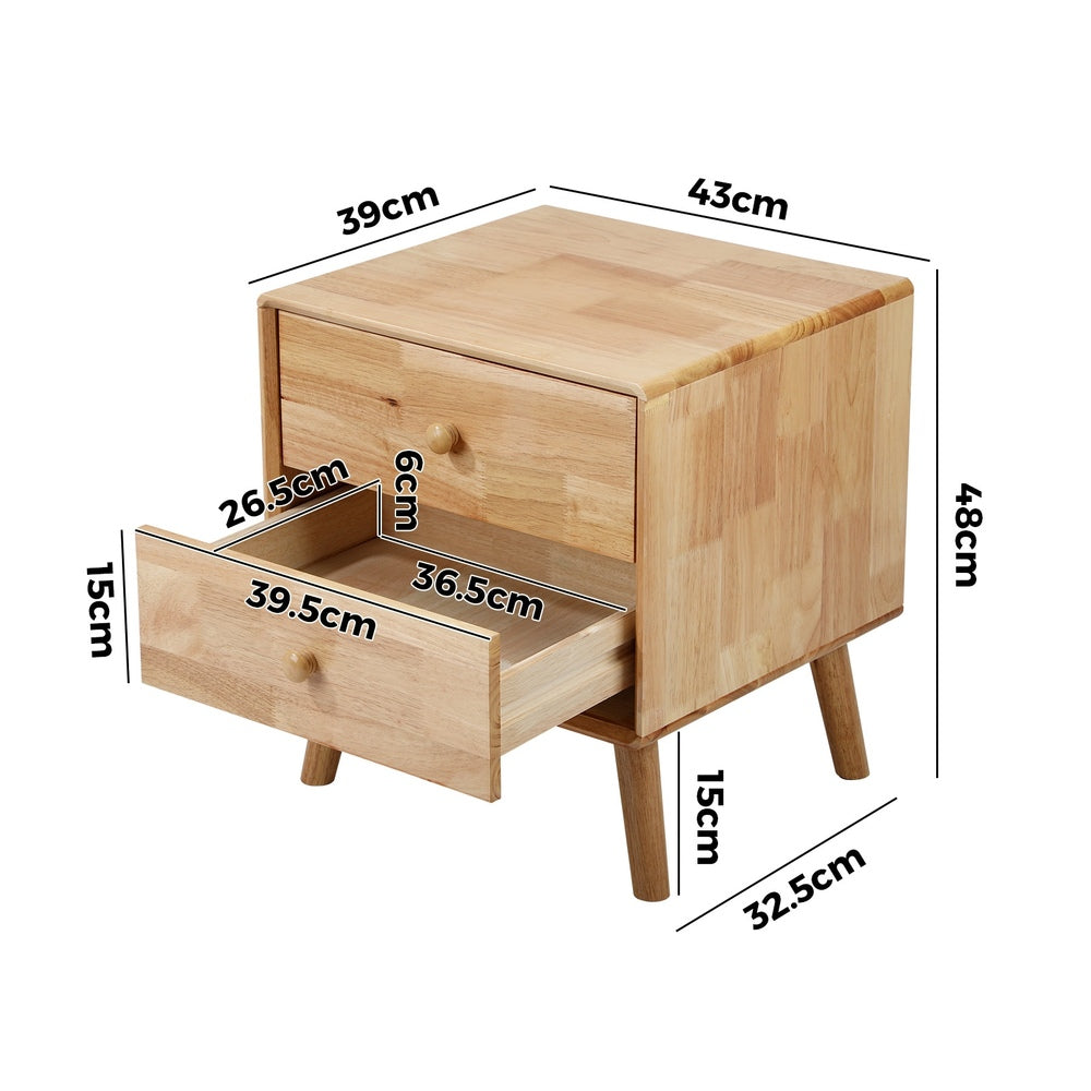 Oikiture Bedside Table 2 Drawers Storage Rubber Wood
