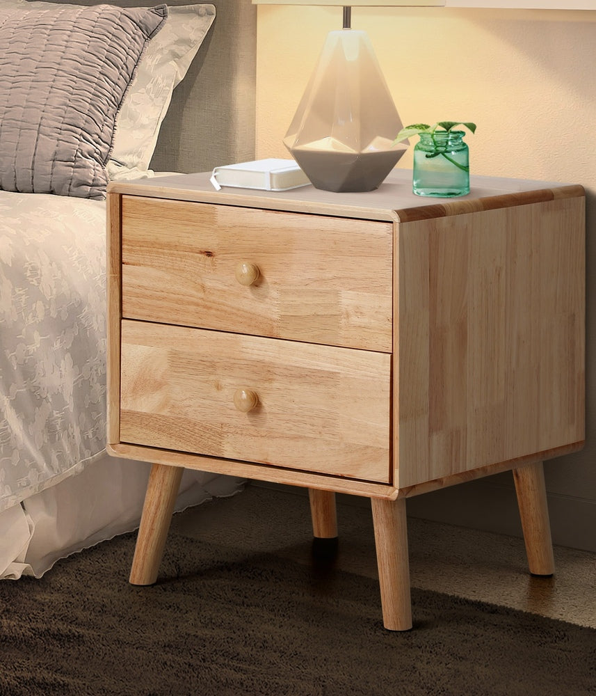 Oikiture Bedside Table 2 Drawers Storage Rubber Wood