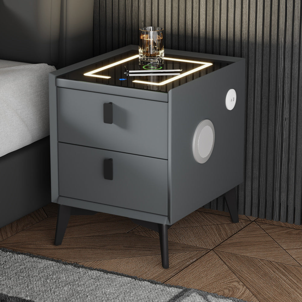 Oikiture Smart Bedside Table Wireless Charging LED Lights 2 Drawers