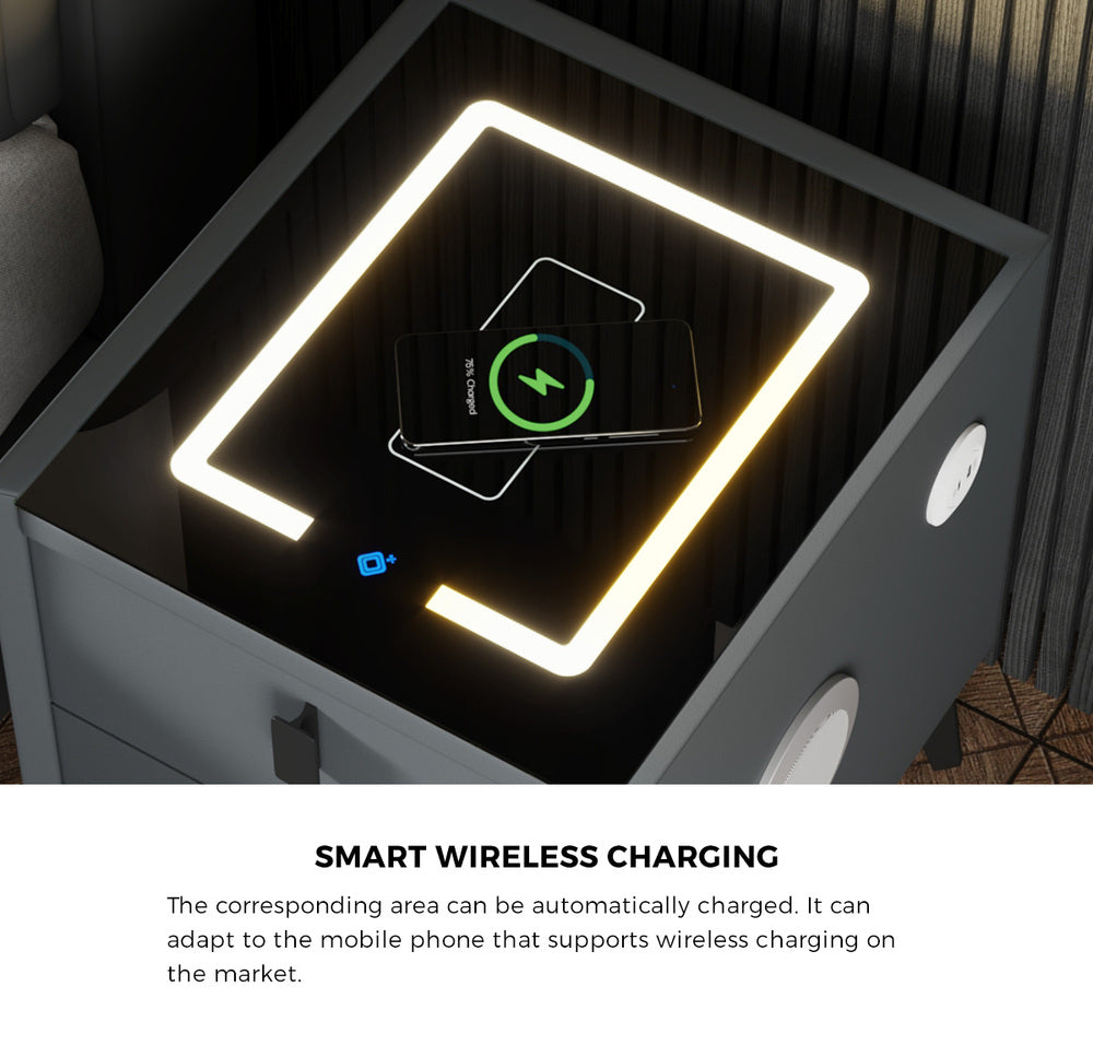 Oikiture Smart Bedside Table Wireless Charging LED Lights 2 Drawers