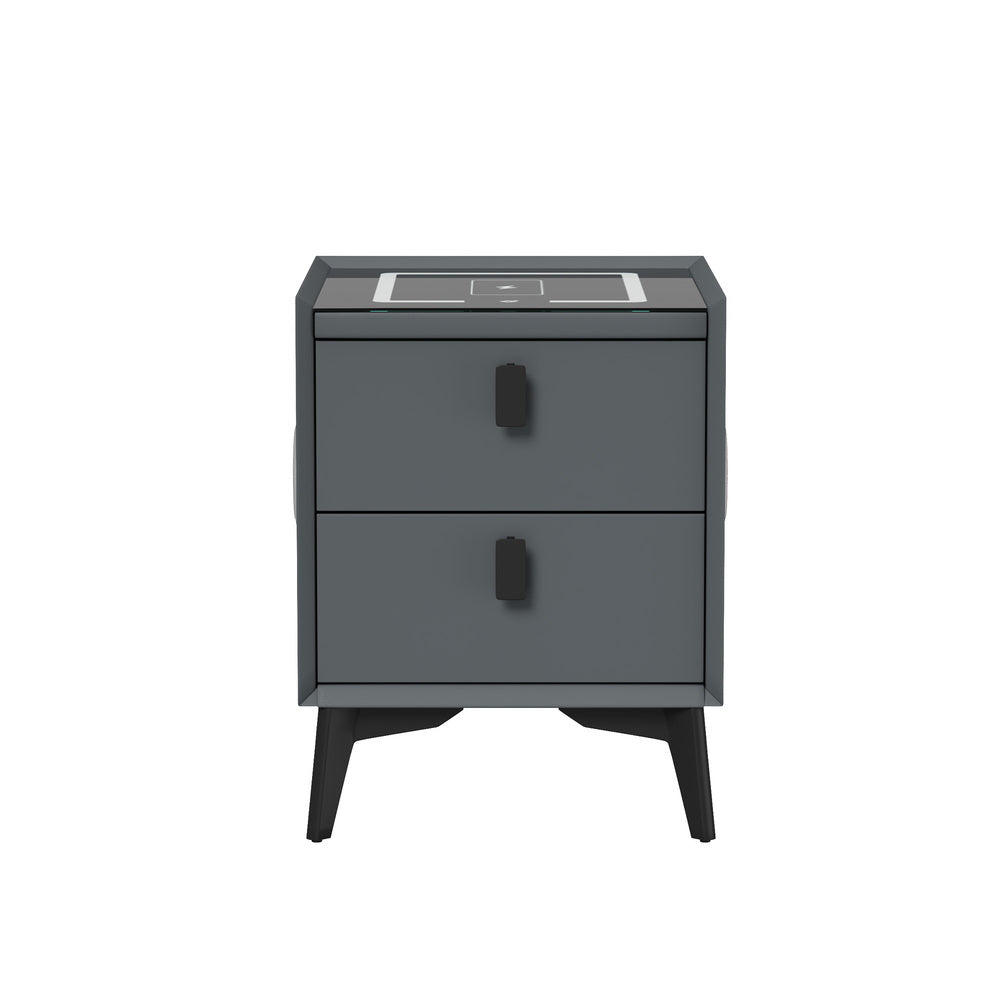 Oikiture 2x Smart Bedside Tables Wireless Charging LED 2 Drawers Grey