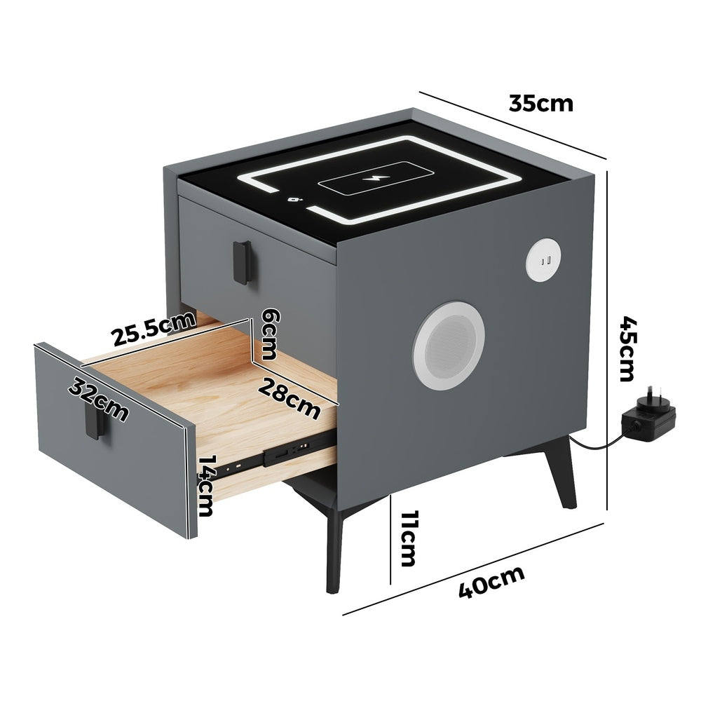 Oikiture 2x Smart Bedside Tables Wireless Charging LED 2 Drawers Grey