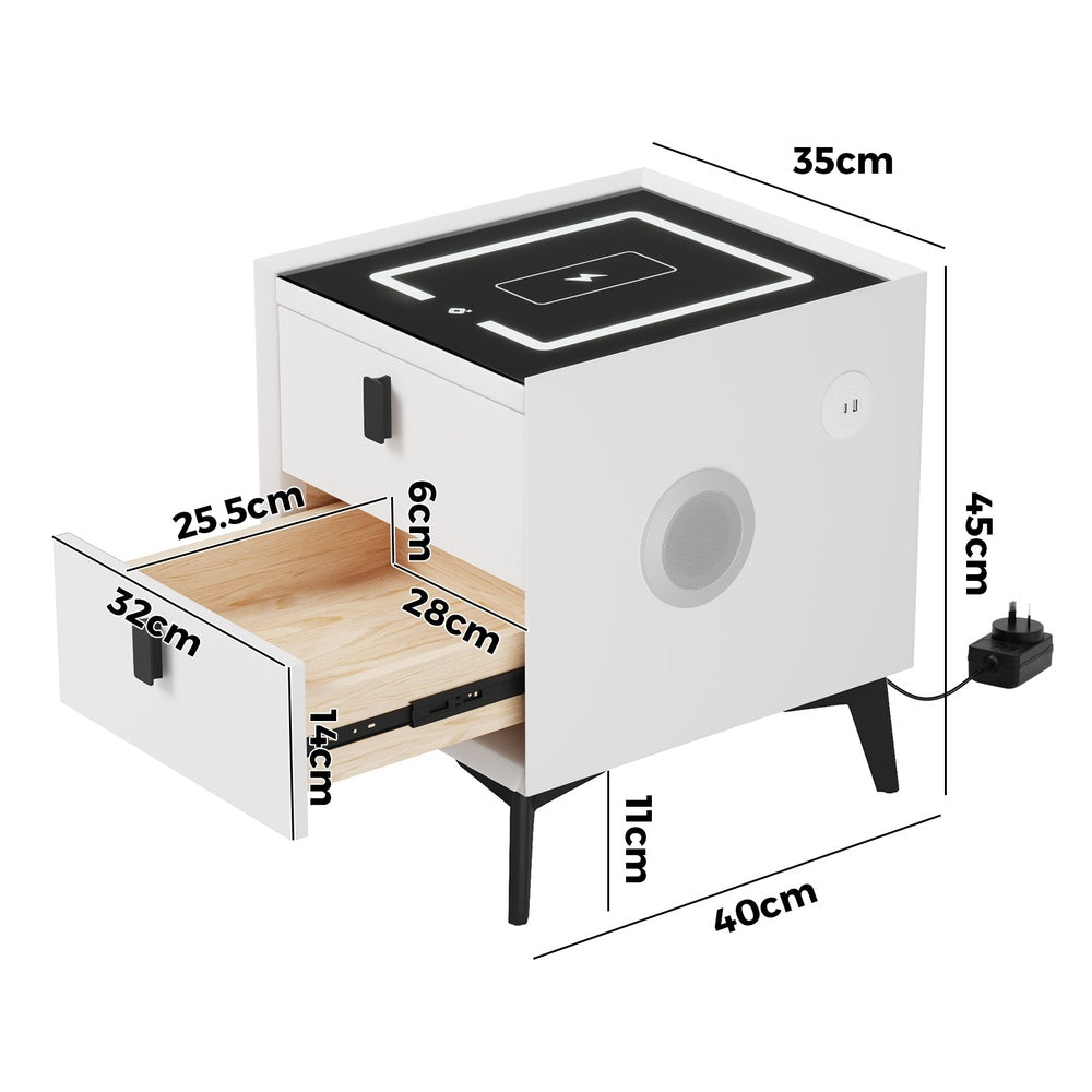 Oikiture Smart Bedside Table Wireless Charging LED 2 Drawers White