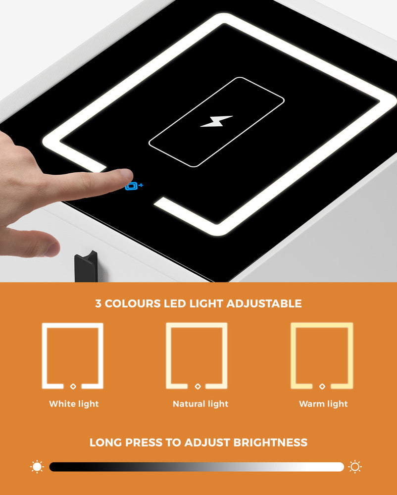 Oikiture Smart Bedside Table Wireless Charging LED 2 Drawers White