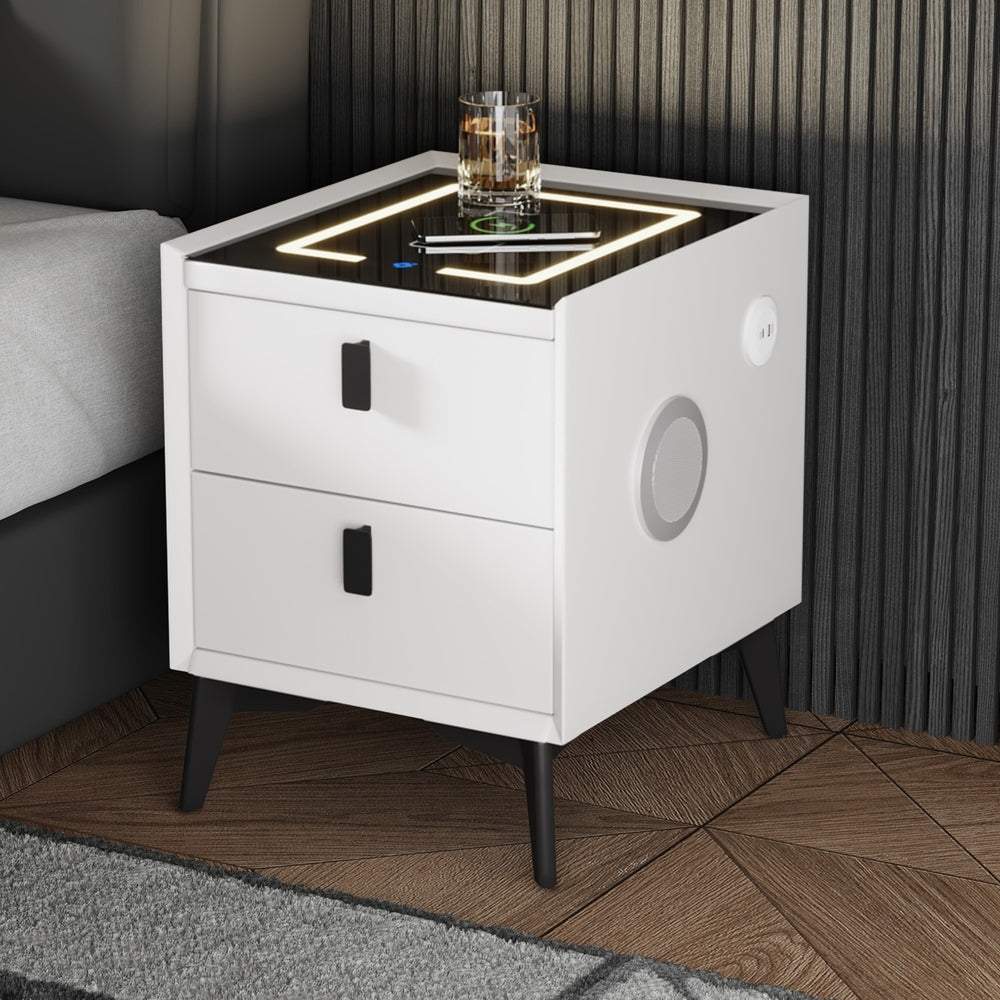 Oikiture 2x Smart Bedside Tables Wireless Charging LED 2 Drawers White