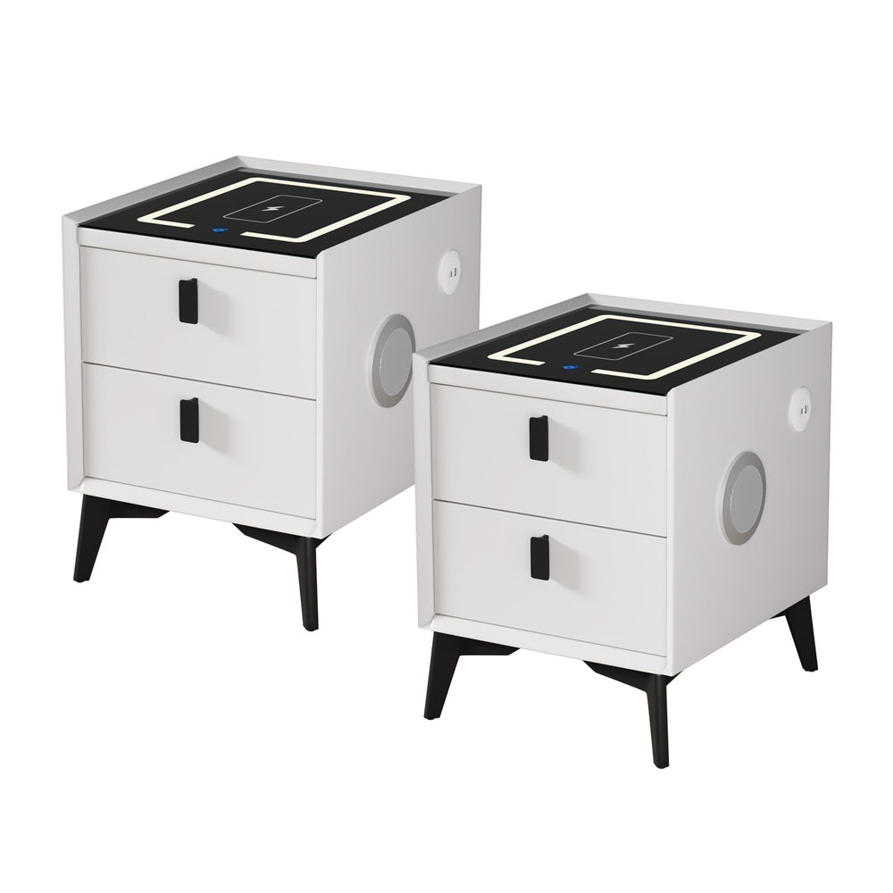 Oikiture 2x Smart Bedside Tables Wireless Charging LED 2 Drawers White