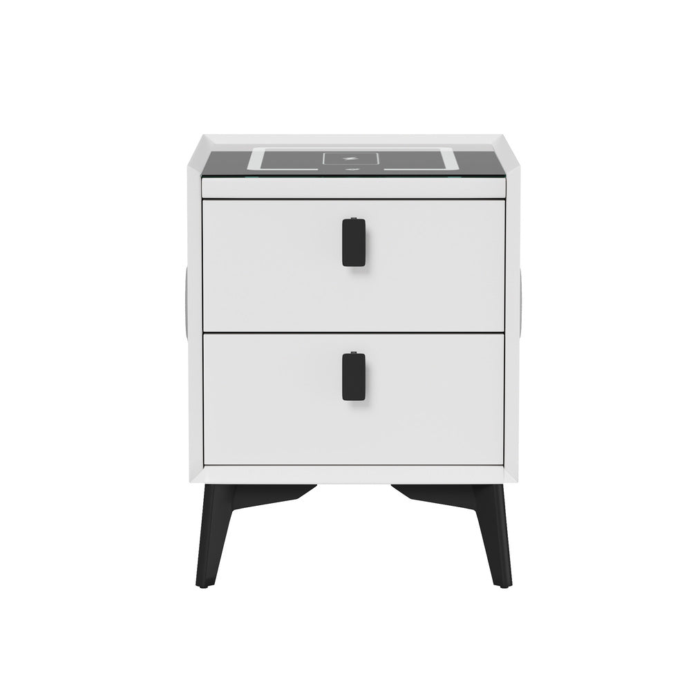 Oikiture 2x Smart Bedside Tables Wireless Charging LED 2 Drawers White