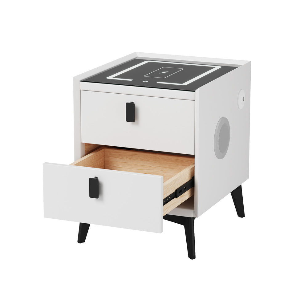Oikiture 2x Smart Bedside Tables Wireless Charging LED 2 Drawers White