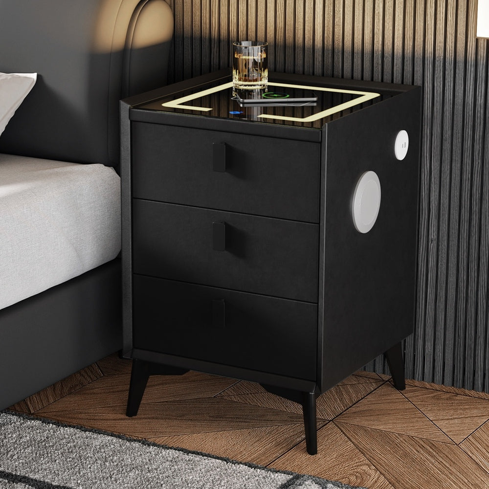 Oikiture Smart Bedside Table Wireless Charging LED Lights 3 Drawers Black