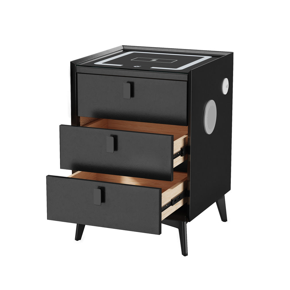 Oikiture Smart Bedside Table Wireless Charging LED Lights 3 Drawers Black