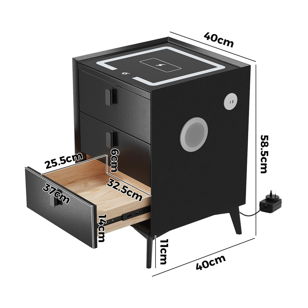 Oikiture 2x Smart Bedside Tables Wireless Charging LED 3 Drawers Black