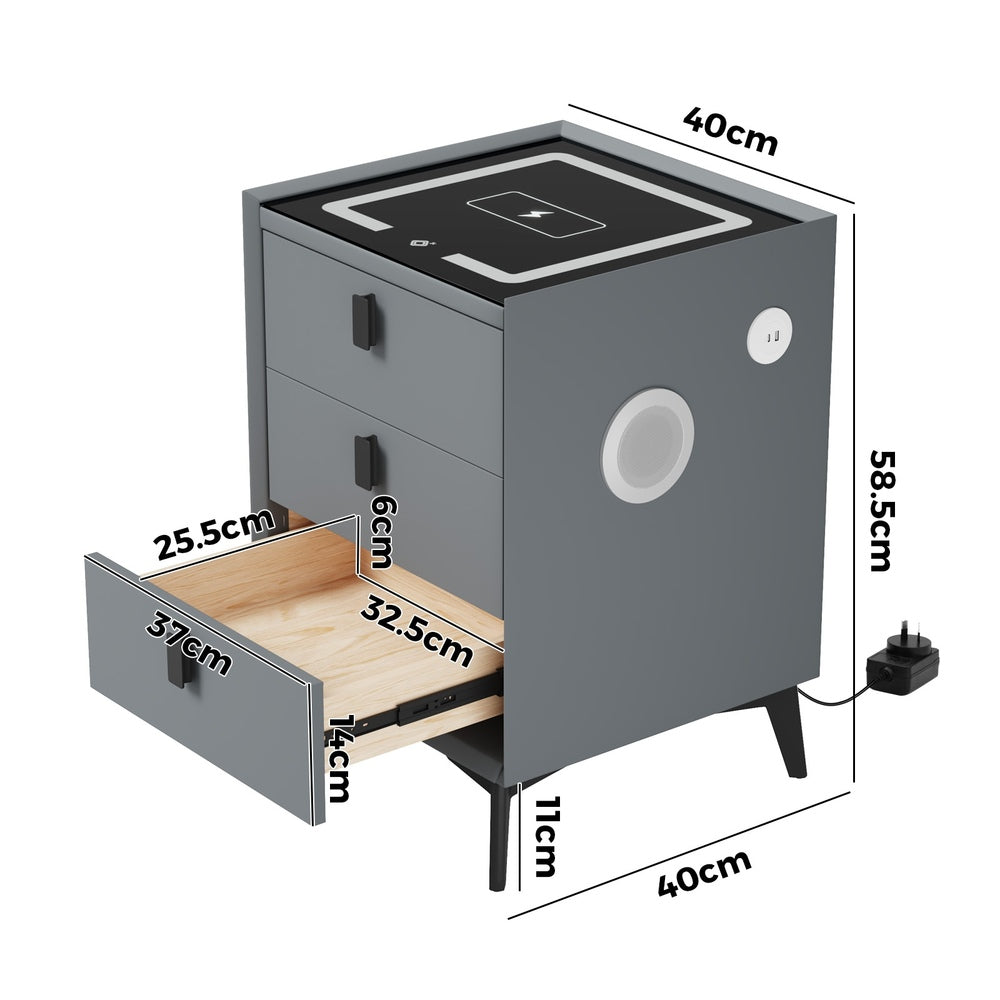 Oikiture Smart Bedside Table Wireless Charging LED Lights 3 Drawers