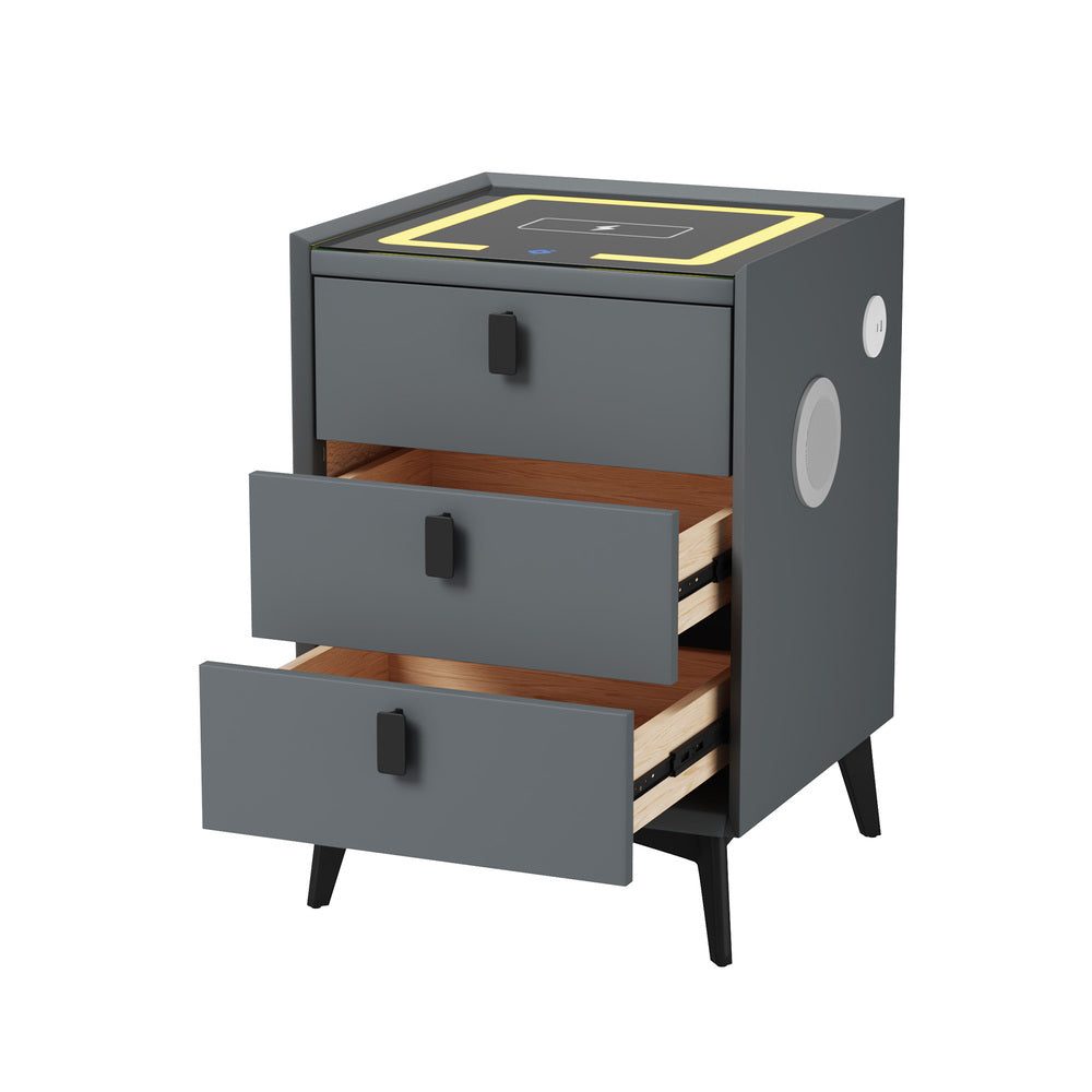 Oikiture Smart Bedside Table Wireless Charging LED Lights 3 Drawers