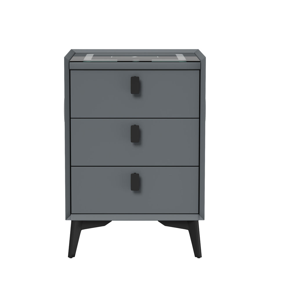 Oikiture 2x Smart Bedside Tables Wireless Charging LED 3 Drawers Grey