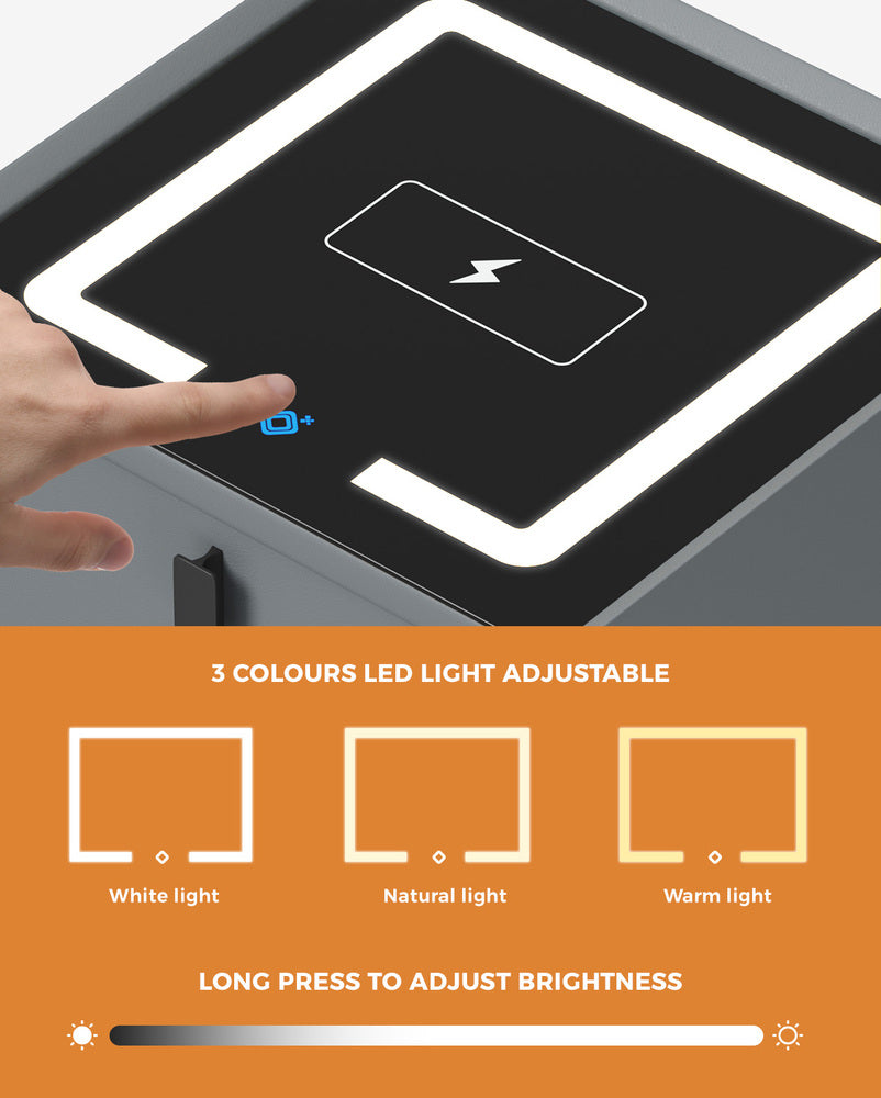 Oikiture 2x Smart Bedside Tables Wireless Charging LED 3 Drawers Grey