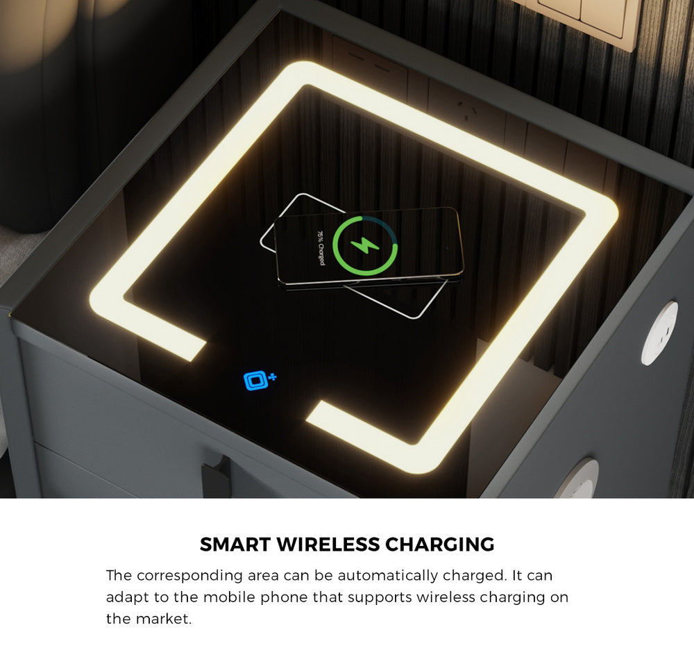 Oikiture 2x Smart Bedside Tables Wireless Charging LED 3 Drawers Grey