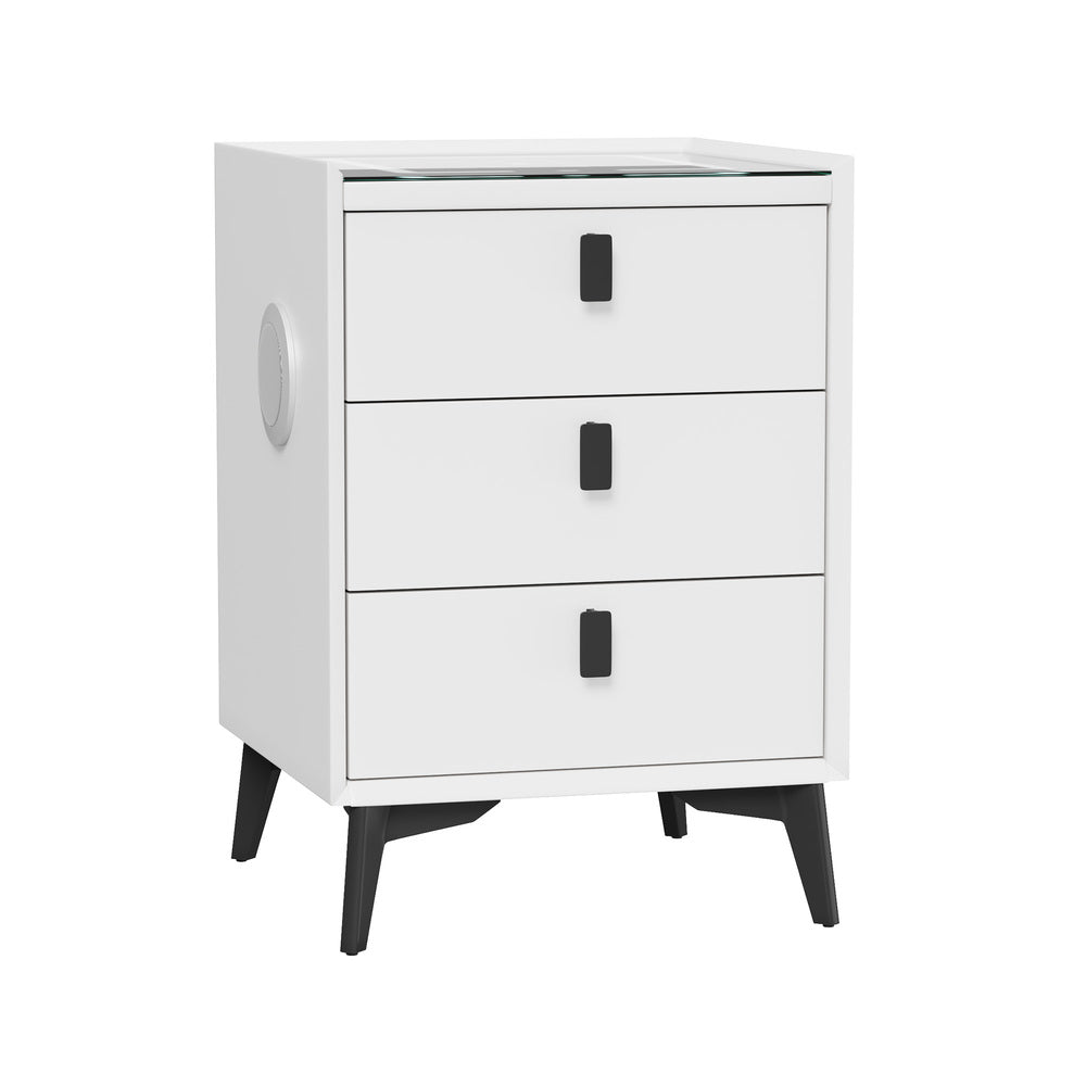 Oikiture Smart Bedside Table Wireless Charging LED 3 Drawers White
