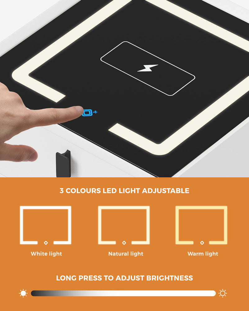 Oikiture Smart Bedside Table Wireless Charging LED 3 Drawers White