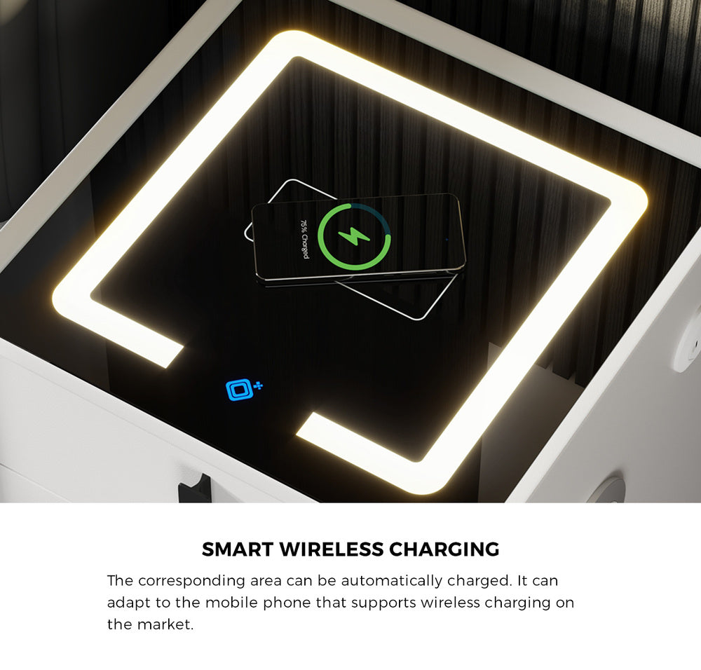Oikiture Smart Bedside Table Wireless Charging LED 3 Drawers White