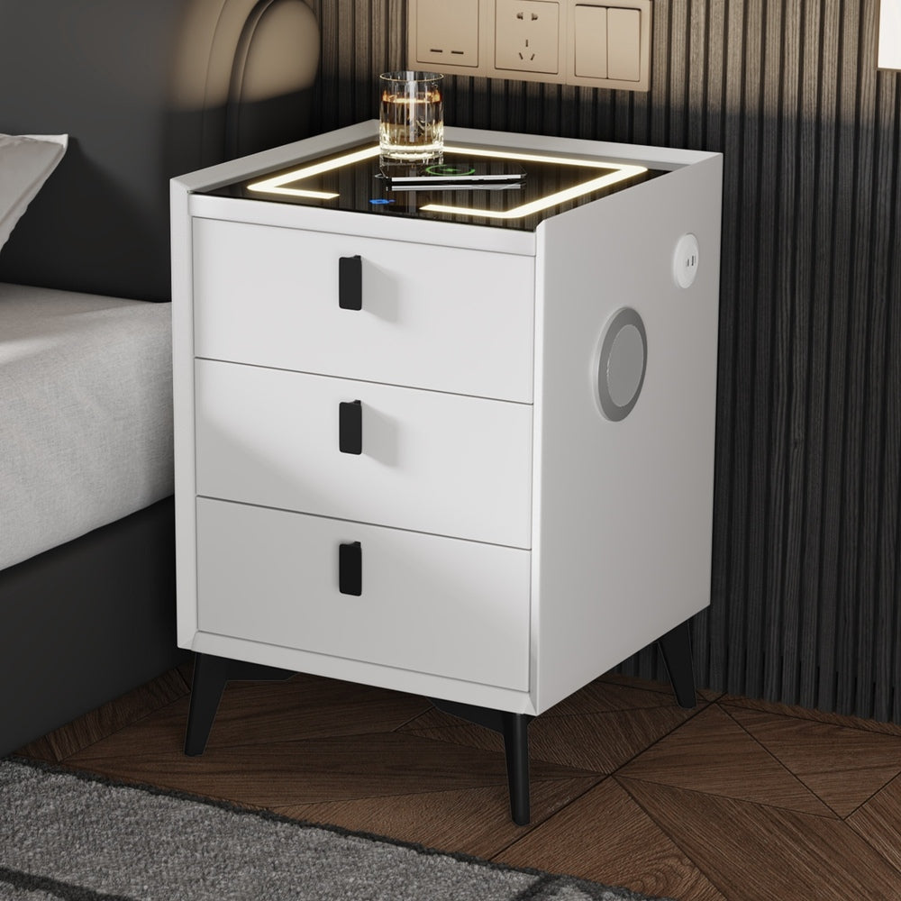 Oikiture 2x Smart Bedside Tables Wireless Charging LED 3 Drawers White