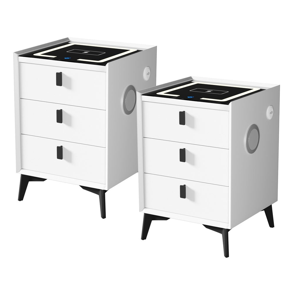 Oikiture 2x Smart Bedside Tables Wireless Charging LED 3 Drawers White