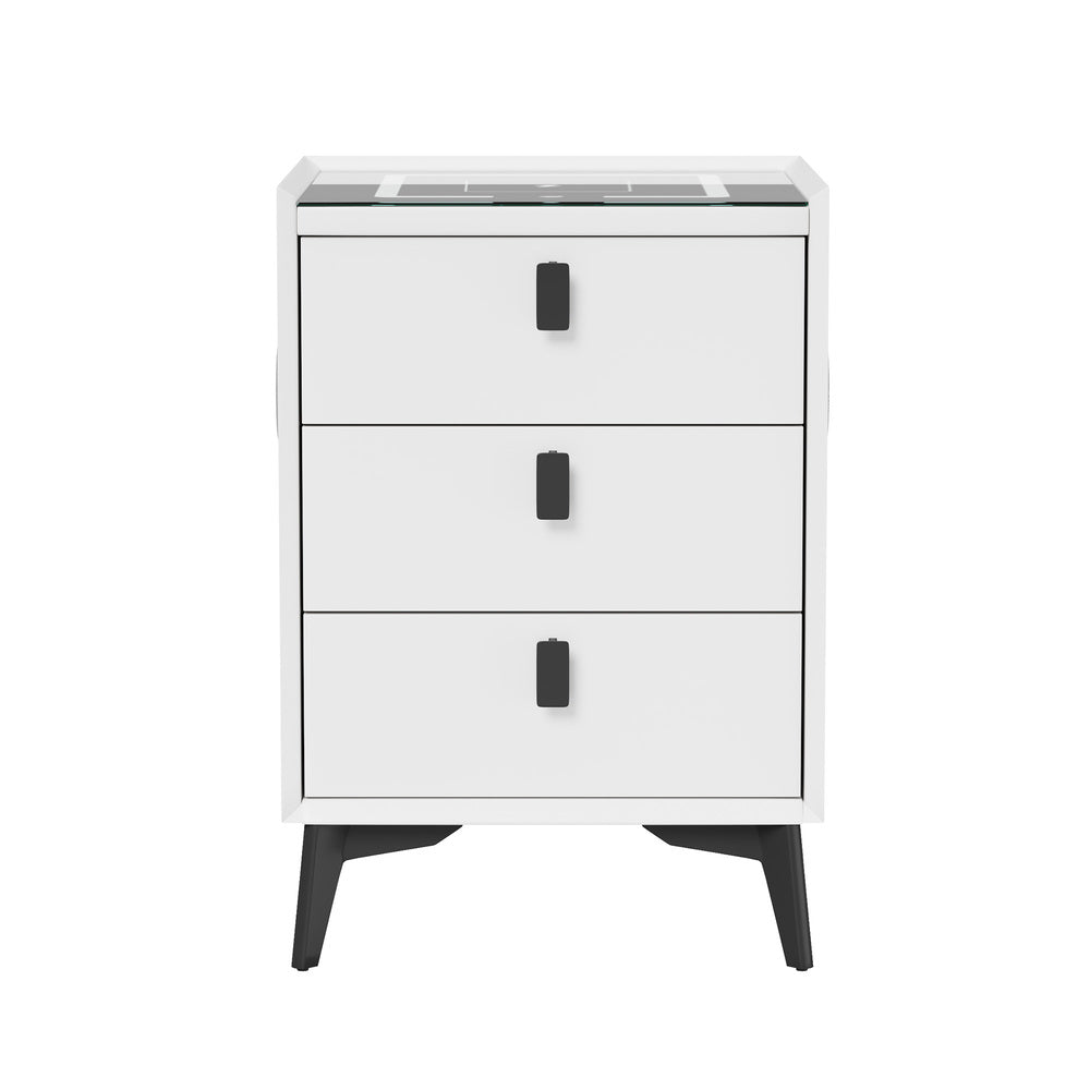 Oikiture 2x Smart Bedside Tables Wireless Charging LED 3 Drawers White