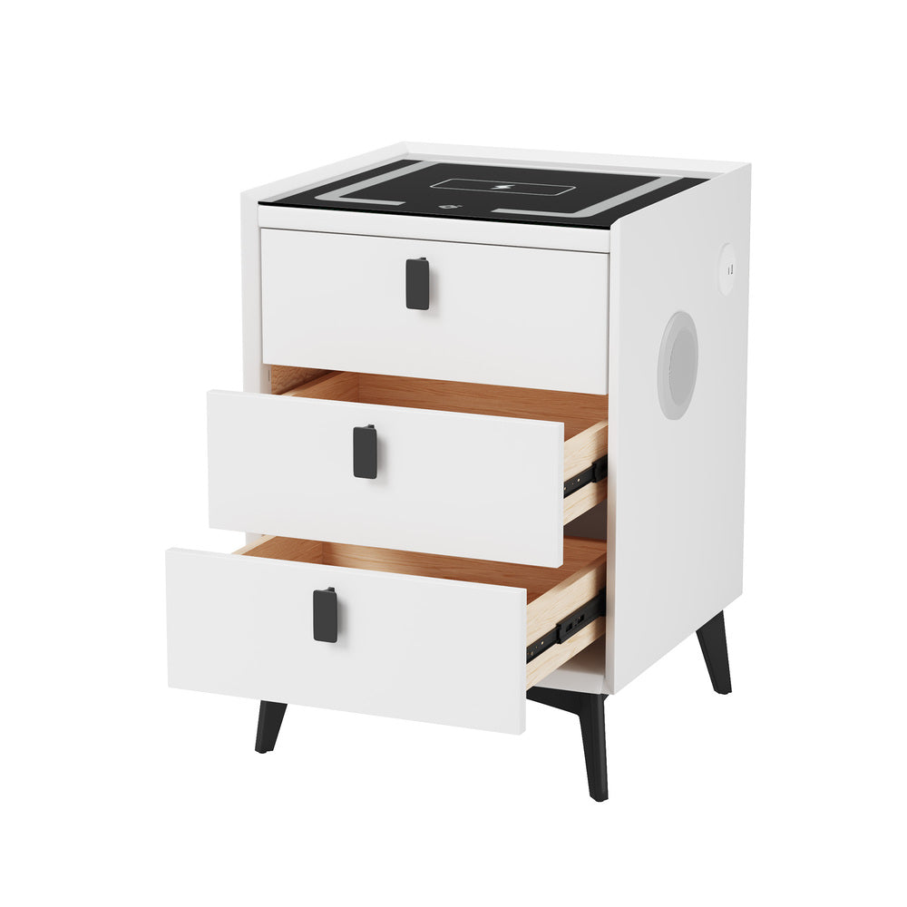 Oikiture 2x Smart Bedside Tables Wireless Charging LED 3 Drawers White
