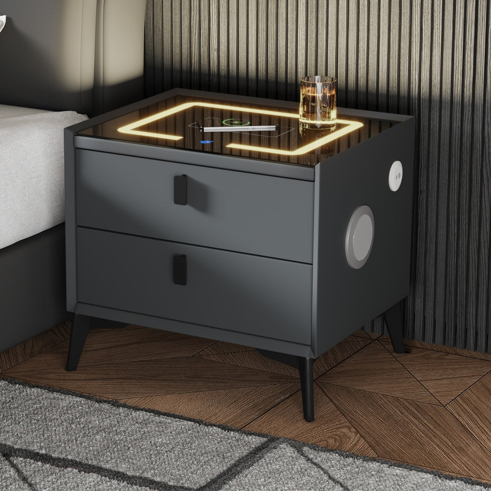 Oikiture Smart Bedside Table Wireless Charging LED 2 Drawers Grey
